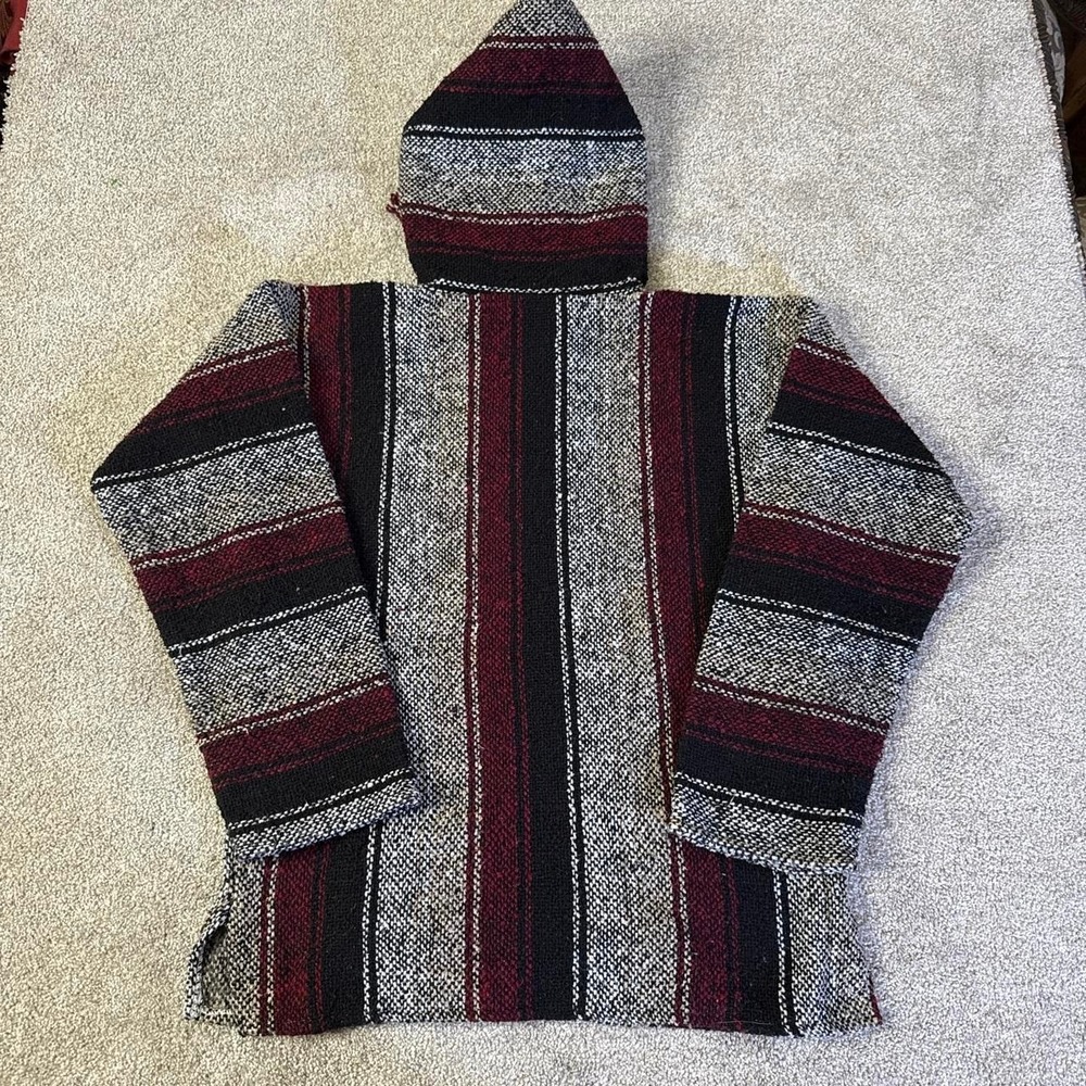 Y2K Textiles Gray Black Maroon Striped Hooded Poncho Women's Medium - Picture 6 of 6